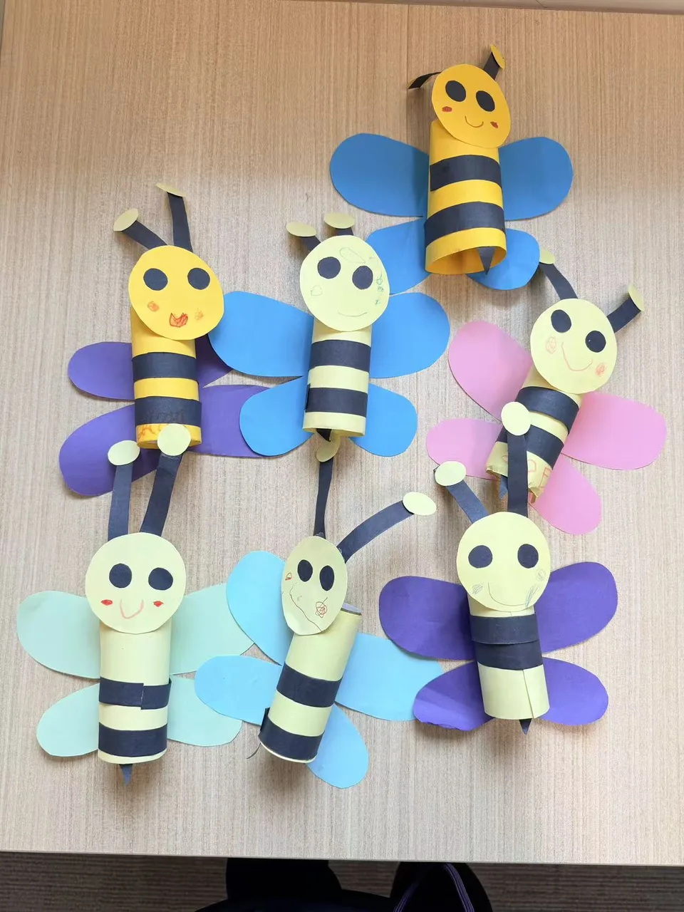 Colourful bee crafts made in the early years classroom
